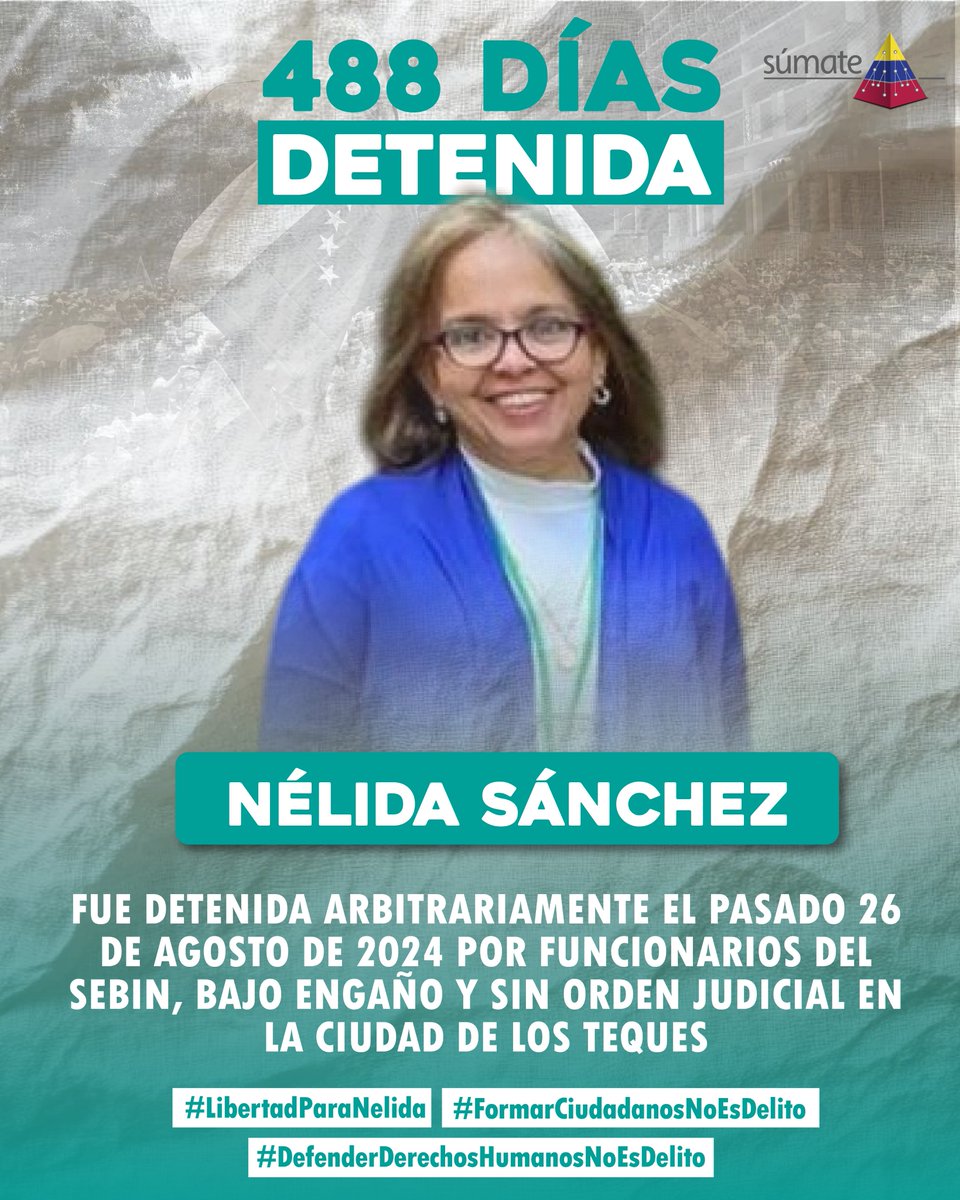 Hoy viernes #26Diciembre2025 nuestra compañera Nélida Sánchez, Coordinadora Nacional de Formación Ciudadana Electoral, cumple un año y cuatro meses (488 días) de la privación inconstitucional de su libertad personal.

Fue detenida arbitrariamente el pasado #26Agosto2024 por