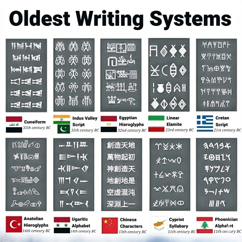 ✍️ 📜 Oldest writing systems

1.🇮🇶 Cuneiform – 35th century BC
2.🇮🇳+🇵🇰 Indus Valley Script – 35th century BC
3.🇪🇬 Egyptian Hieroglyphs – 32nd century BC
4.🇮🇷 Linear Elamite – 23rd century BC
5.🇬🇷 Cretan Script – 21st century BC
6.🇹🇷 Anatolian Hieroglyphs – 14th century BC
7.🇸🇾