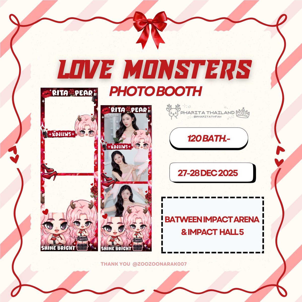 [📸] PHARITA PHOTOBOOTH

#LOVEMONSTERSinBKK

แพร์รีส์และมอนสตีซ์มาถ่ายรูปโฟโต้บูทกับเฟรมน้องแพรน่ารักๆกันค่ะ 🦌💘

🗓️ 27 ธ.ค. - 3 ม.ค.
💰 120 บาท
📍Between Impact Arena &amp; Impact Hall 5 

ขอบคุณ <a href="/zoozoonarak007/">ZUZUKOPHOTOBOX</a> สำหรับการสนับสนุนค่ะ 🙇‍♀️

#PharitaProject
#PHARITA #BABYMONSTER