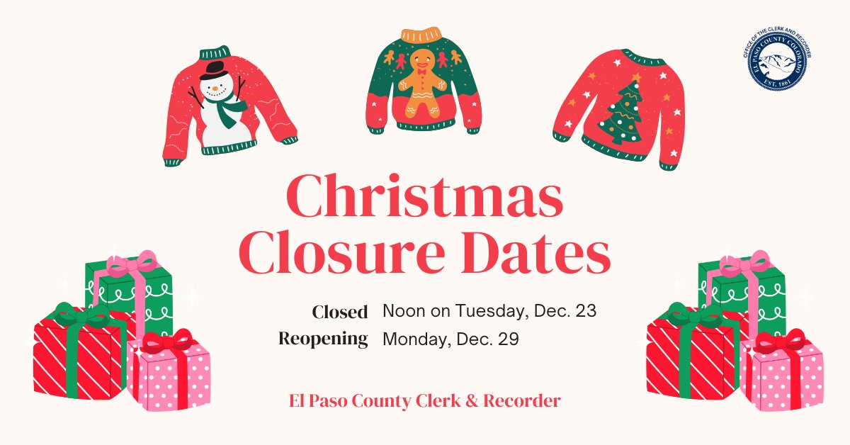 ClerkEPC's tweet image. ⚠️ All our departments and DMVs are closed for the holidays 🎄🎅 All offices will reopen on Monday, Dec. 29. For motor vehicle services, use a kiosk or go online to dmv.colorado.gov 🚗

#HolidayHours #Closure #ElPasoCounty #Christmas #DMV