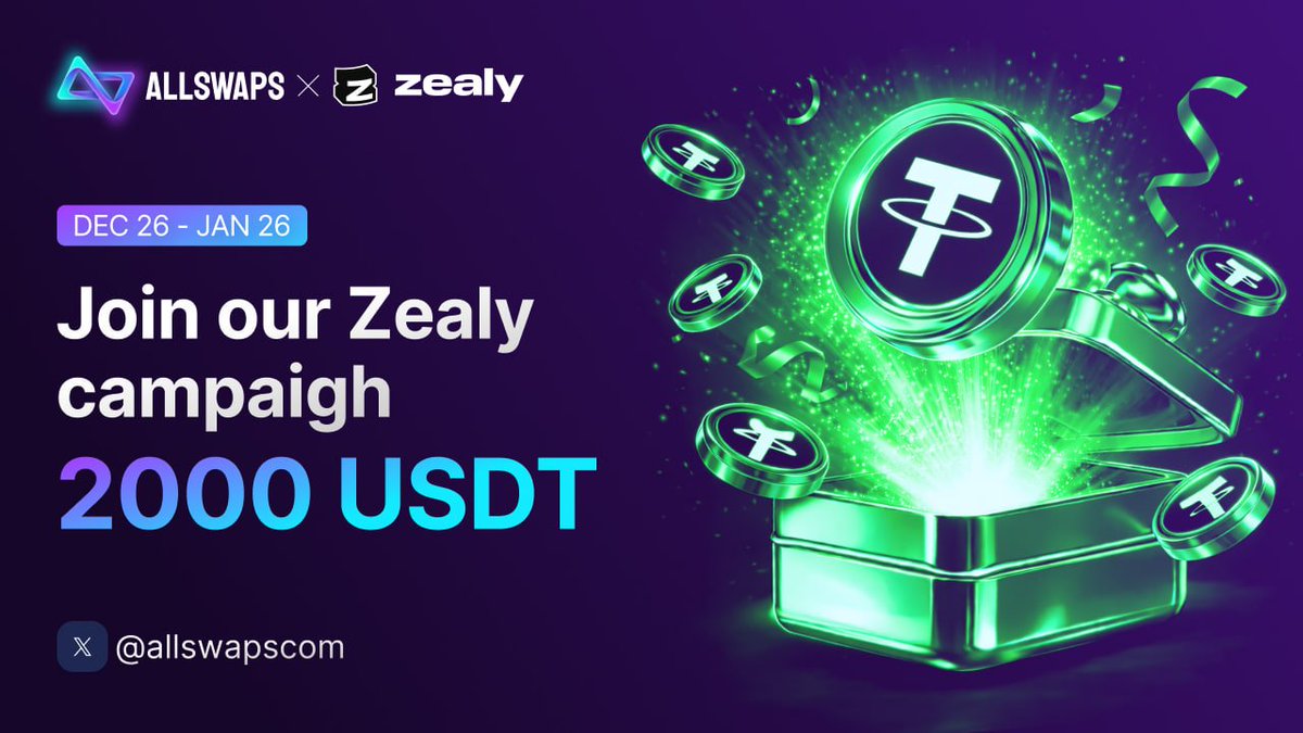 allswapscom's tweet image. 🚀 ZEALY QUEST | 3…2…1… GO

We’re launching a large-scale quest on Zealy with a solid prize pool.

🗓 Period: Dec 26 – Jan 26
💰 Prize pool: 2,000 USDT
🏆 Winners: 25 participants

Check in daily - we’ll be adding new tasks every day.

JOIN NOW: zealy.io/cw/allswaps/qu…