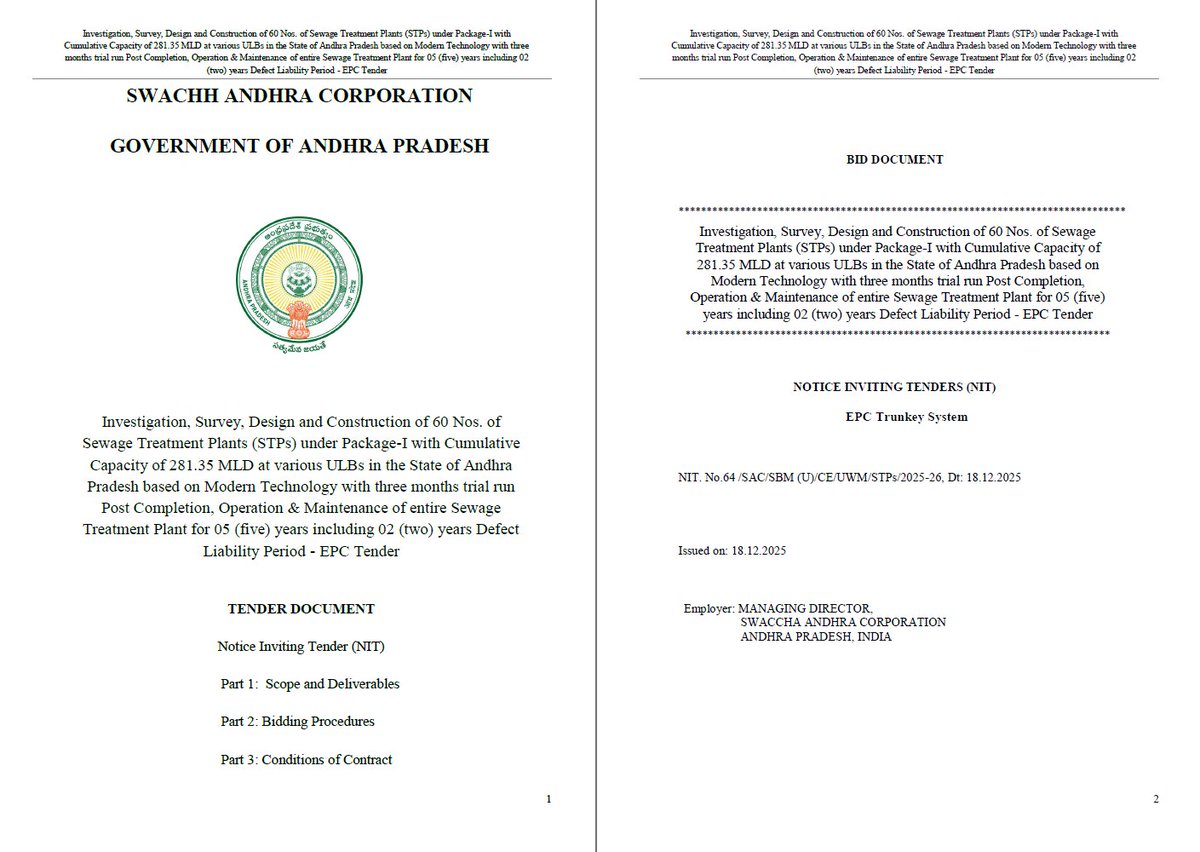 AP_CRDANews's tweet image. ♻️Swachh Andhra Corporation floated tenders for construction of 60 Sewerage Treatment Plants (STPs) in 39 ULBs in 13 Districts of #AndhraPradesh 

💰Project Cost: ₹464.22 Crs
🗑️Total Capacity: 281.35 MLD

#AndhraPradesh #SwachhAndhra #SwachhBharat