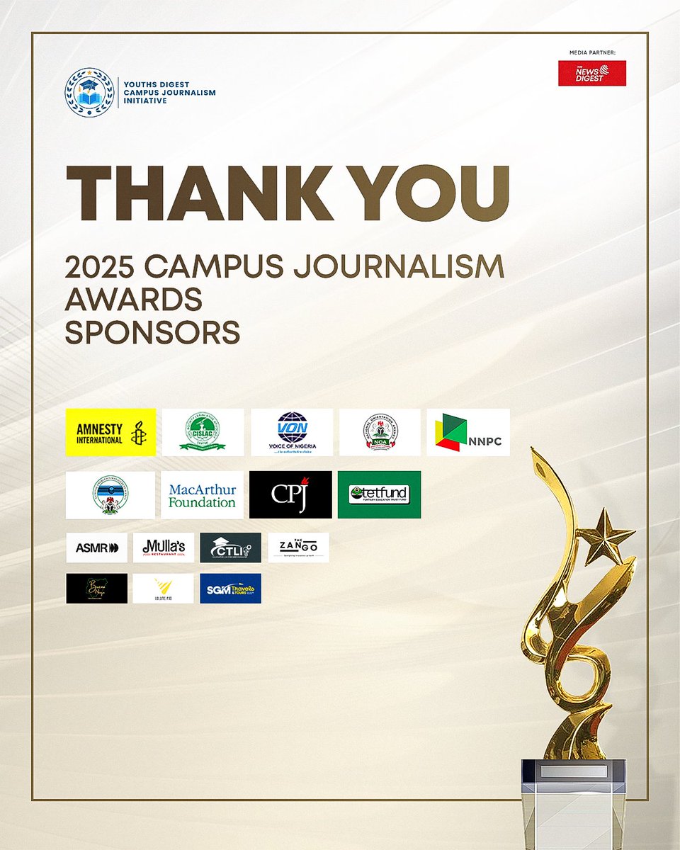 CJ_Awards's tweet photo. As the year draws to a close and we arrive at the last Friday of the year, we pause with gratitude 🙏🏽.

Today, we say a heartfelt thank you to all our sponsors and partners who believed in the vision of the 2025 Campus Journalism Awards and made it a success. https://t.co/NoU5CwFmqy