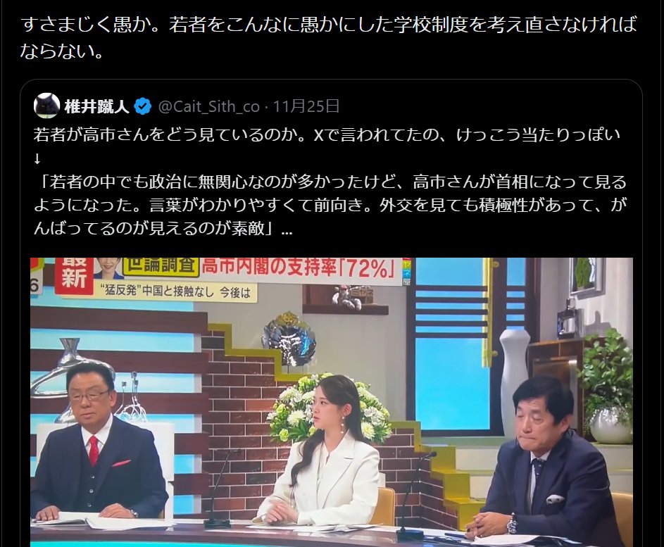 nittaryo's tweet image. 普段は「若者は政治に無関心!」「もっと投票に行け!」「声を上げろ!」と上から目線で説教していた人たち。

いざ若者が政治に関心を持ち、「高市内閣若者支持率92.4％」という政治的意思を明確に示した結果、それが自分たちの思い通りではないと分かった瞬間にこんどは…