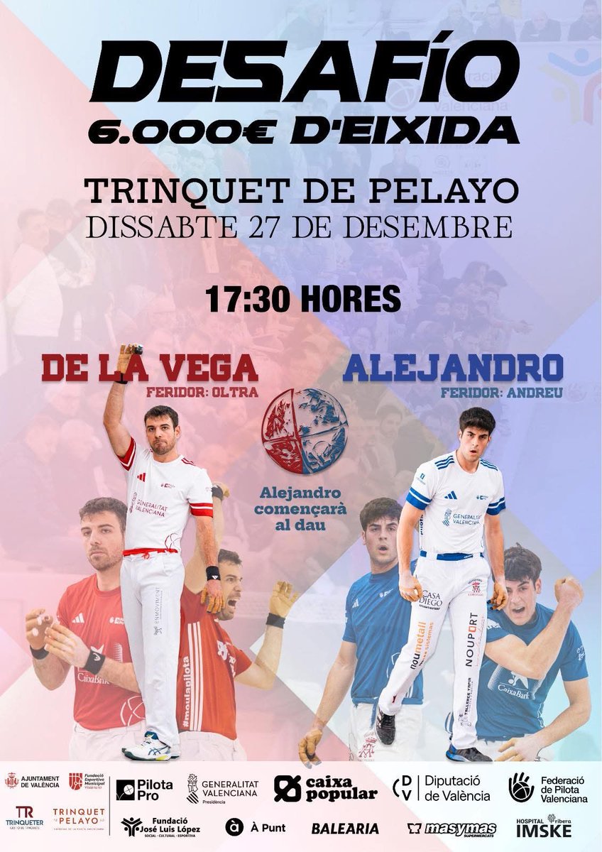 EL DESAFIU, MÀ A MÀ, ENTRE DE LA VEGA I ALEJANDRO, A PELAYO, CONVULSIONA AL MÓN DE LA PILOTA.-
 El feridor Oltra, causa baixa, per un atac de gripe. I serà substituït per Muedra II, si bé és sortejaran els feridors, Muedra II i Andreu, abans de començar. <a href="/BFrediesport/">Botiga Frediesport</a>