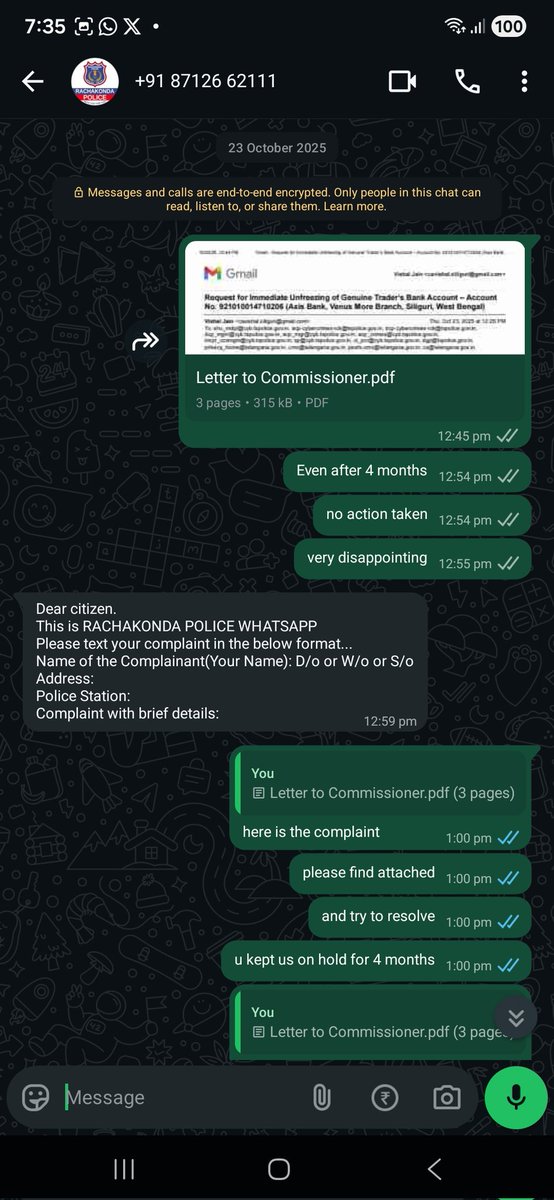 speakervishal's tweet photo. @RachakondaCop @DCPLBNagar 

Attached screenshot.  We have been sending msgs to the given number since 23rd Oct. That's how helpful your team is https://t.co/6YqhB1WQf3