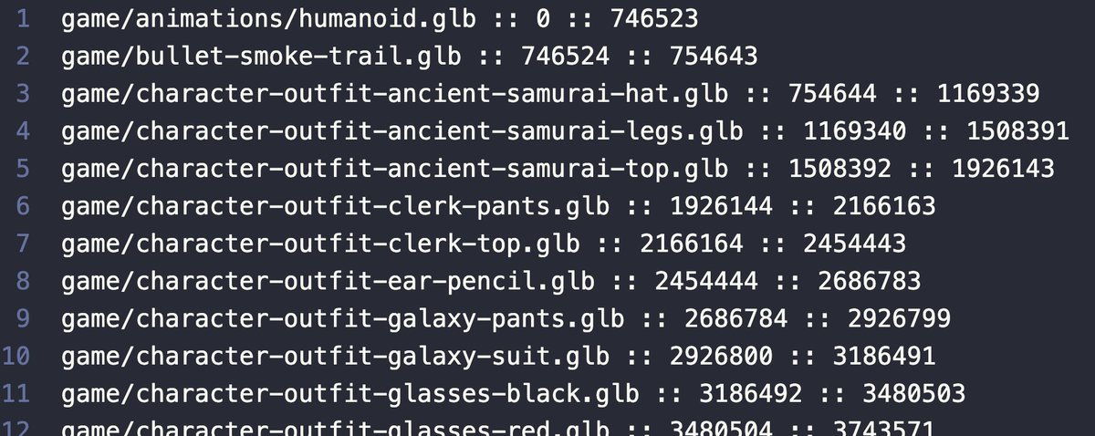 thefrontendcat's tweet photo. @makc3d Pretty much 👀 

gltf-transform →
  draco →
    concat all binary files together →
      make byte-offset index →
        load index file for all models to IndexDB →
          modify GLTFLoader to read byte chunks 👀 https://t.co/QyOvyxfPxR