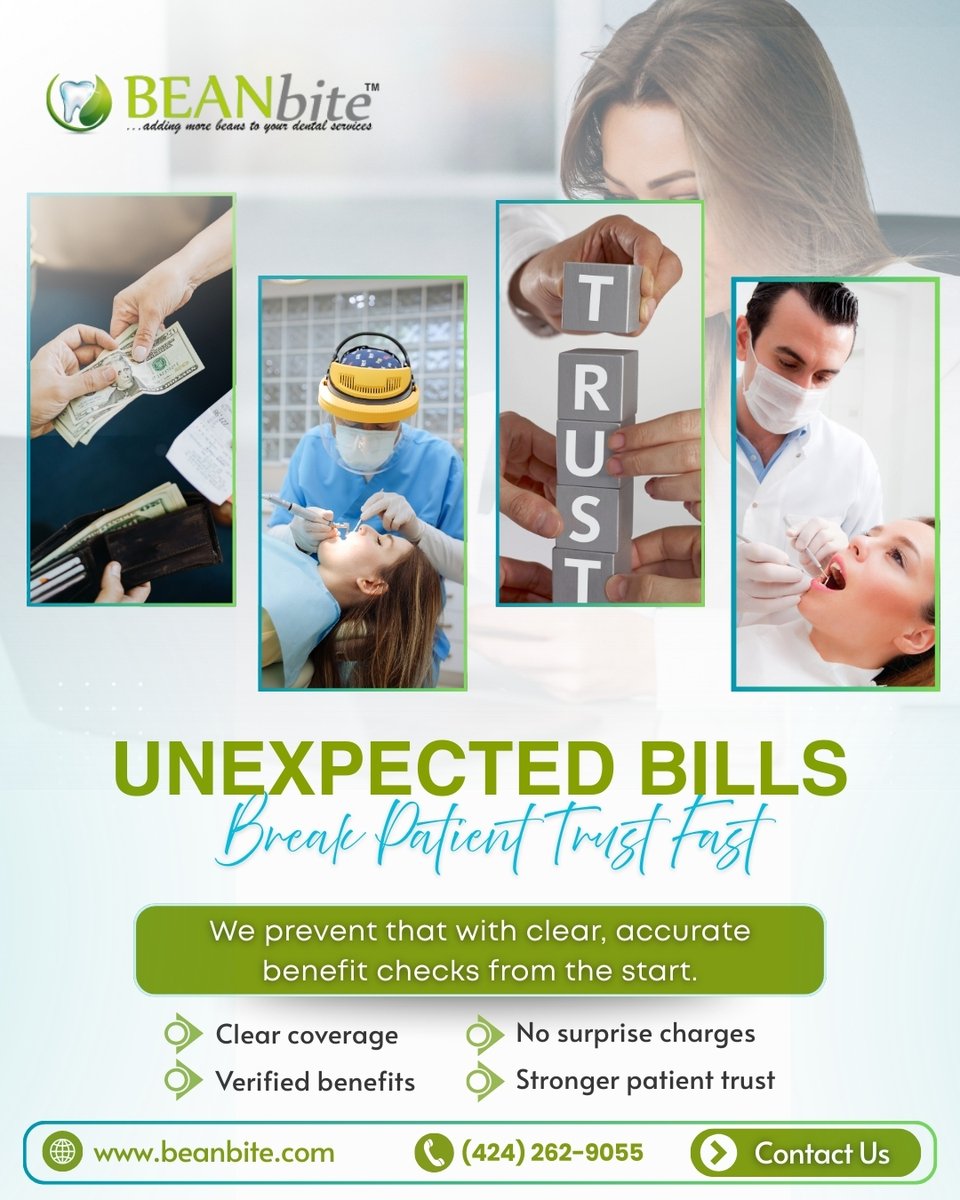 BEANbite's tweet image. 💸 Unexpected bills break patient trust! We prevent surprises with clear, accurate benefit checks ✅ Clear coverage ✔ No surprise charges ✔ Stronger trust ✔ Verified benefits 💙

📲 (424) 262-9055 | 🌐 beanbite.com
#PatientTrust #NoSurpriseBills #BEANbite