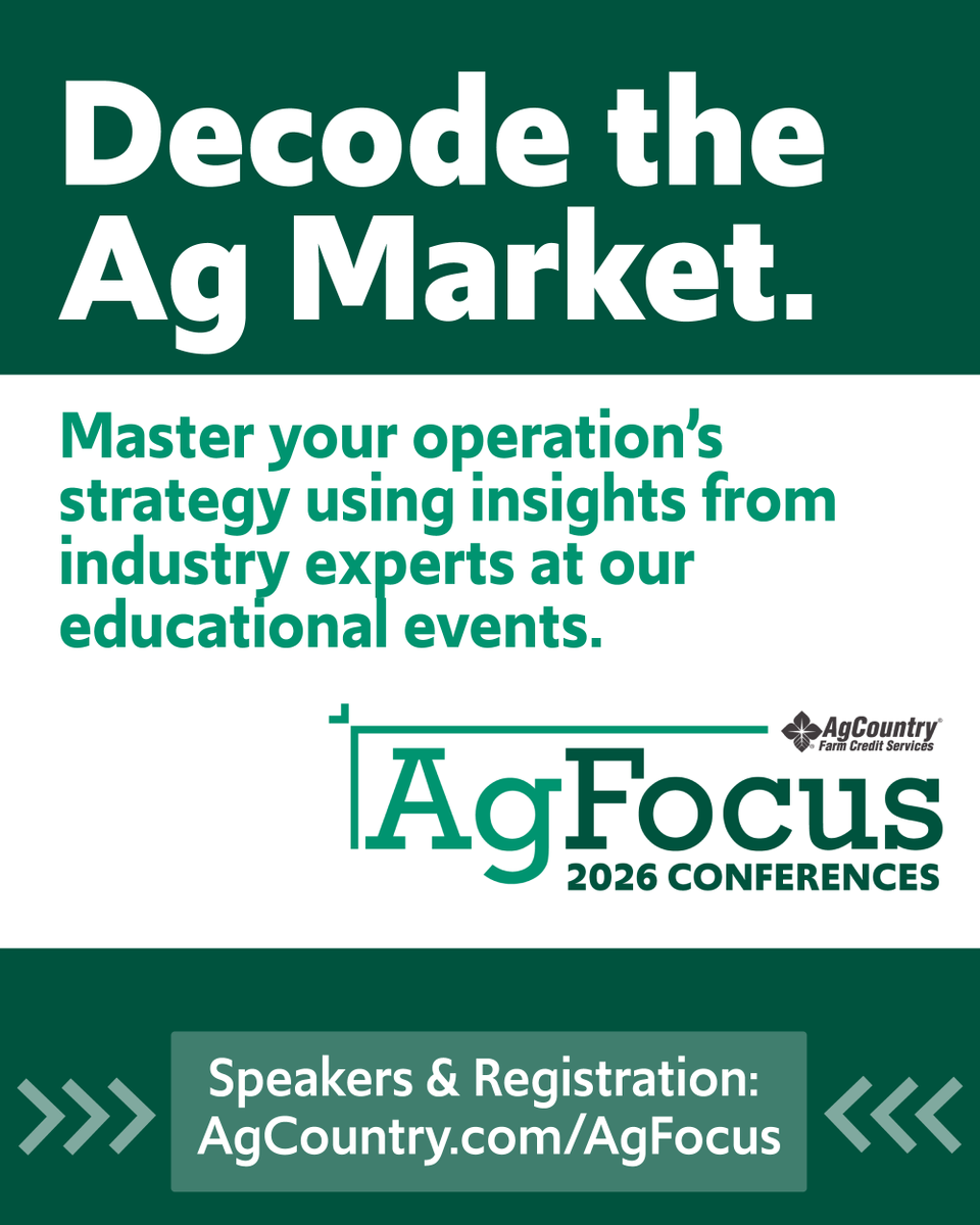 AgCountry's tweet image. As you start planning for the new year, make plans to attend one of our AgFocus Conferences! Join us in Willmar on January 14 or in Fargo (Virtual experience available) on January 22! To learn more and register, visit: AgCountry.com/AgFocus