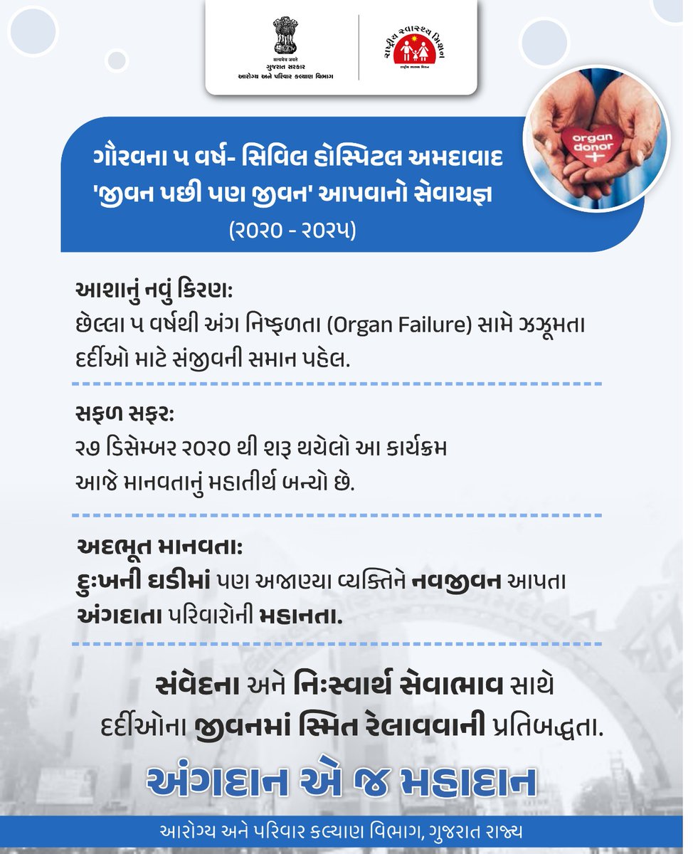 જીવથી નવજીવન આપવાની અદ્દભુત સફરને પાંચ વર્ષ...
#OrganDonation
#SaveLife
#humanity
#lifeafterlife
#SpreadAwareness
#GOG
#GujaratHealthDepartment
#Gujarat
#India
<a href="/CMOGuj/">CMO Gujarat</a>