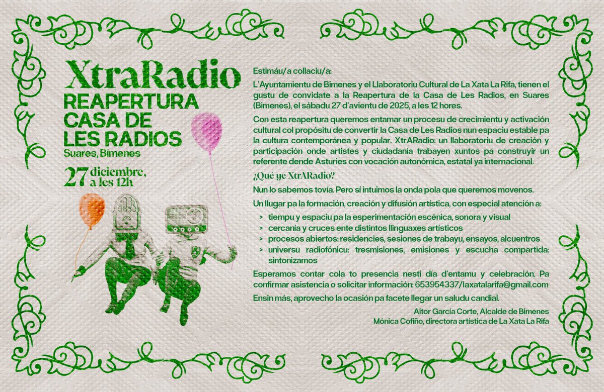 Dempués de casi 20 años con un muséu cerráu, por fin, tenemos un proyeutu perprestosu pa dái vida a la Casa Les Radios, a la parroquia de #Suares y a tol conceyu de #Bimenes 🩵💛🐮📻.
Mañana a les 12 del mediu día, táis convidaos a la presentación de Xtraradio. Esperámoste.