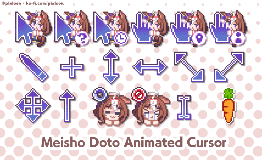 pixloen's tweet image. multi-cursor release!!

- agnes digital
- meisho doto
- sakura laurel [nouvelle pousse]

also, all cursors are now on v1.6 (with real actual linux support, separate to the windows download)
download all of them here (windows, linux and mac) -&amp;gt; ko-fi.com/pixloen/shop