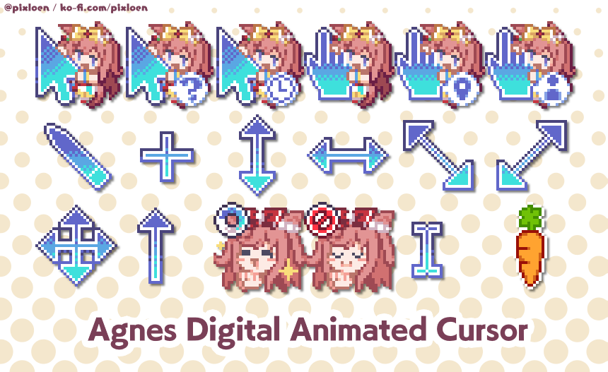 pixloen's tweet image. multi-cursor release!!

- agnes digital
- meisho doto
- sakura laurel [nouvelle pousse]

also, all cursors are now on v1.6 (with real actual linux support, separate to the windows download)
download all of them here (windows, linux and mac) -&amp;gt; ko-fi.com/pixloen/shop