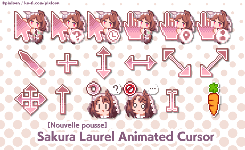 pixloen's tweet image. multi-cursor release!!

- agnes digital
- meisho doto
- sakura laurel [nouvelle pousse]

also, all cursors are now on v1.6 (with real actual linux support, separate to the windows download)
download all of them here (windows, linux and mac) -&amp;gt; ko-fi.com/pixloen/shop