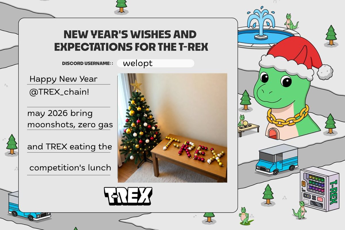 Pavlove500's tweet photo. Happy New Year, @TREX_chain fam! 🦖
Wishing everyone more joy, less FUD, and endless monthly vibes in 2026! ✨🚀  

@toptovar   @2sapoga #REXmas https://t.co/Fa2cVMej5a