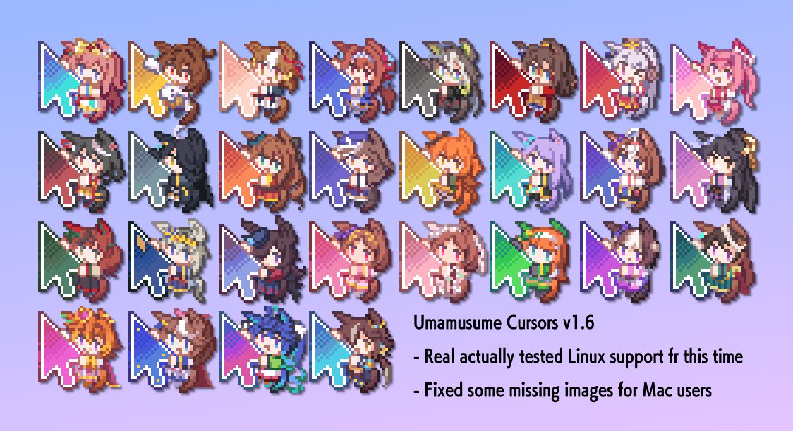 pixloen's tweet image. multi-cursor release!!

- agnes digital
- meisho doto
- sakura laurel [nouvelle pousse]

also, all cursors are now on v1.6 (with real actual linux support, separate to the windows download)
download all of them here (windows, linux and mac) -&amp;gt; ko-fi.com/pixloen/shop