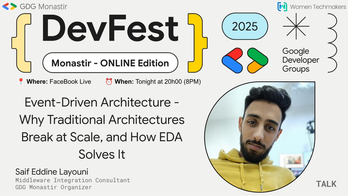 GDGMonastir's tweet photo. 🎙️Final round of #DevFestMonastir Midweek Boost!
We’re closing this amazing journey with @saiflayouni1 👏Middleware Integration Consultant & @GDGMonastir Organizer
Don’t miss this final highlight
@googledevgroups @googledevs @GoogleDevExpert @WomenTechmakers https://t.co/MhvuzBXPMO