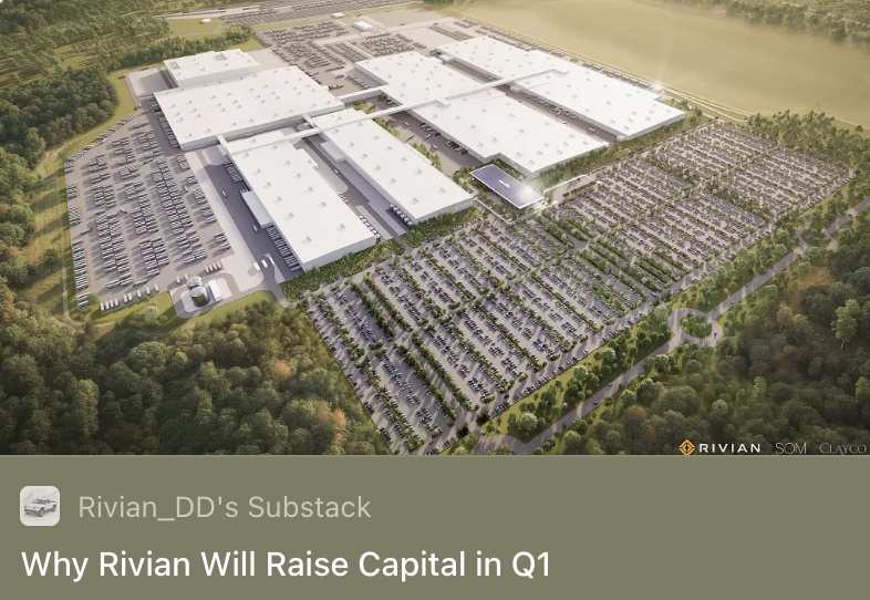 Expect $RIVN to raise capital in Q1.

$7.1B may appear sufficient, but the R2 ramp and Georgia construction will draw it down quickly. By mid-2026, cash runway falls below 12 months.

With the stock near 52-week highs, the window is open.

Full analysis: open.substack.com/pub/riviandd/p…