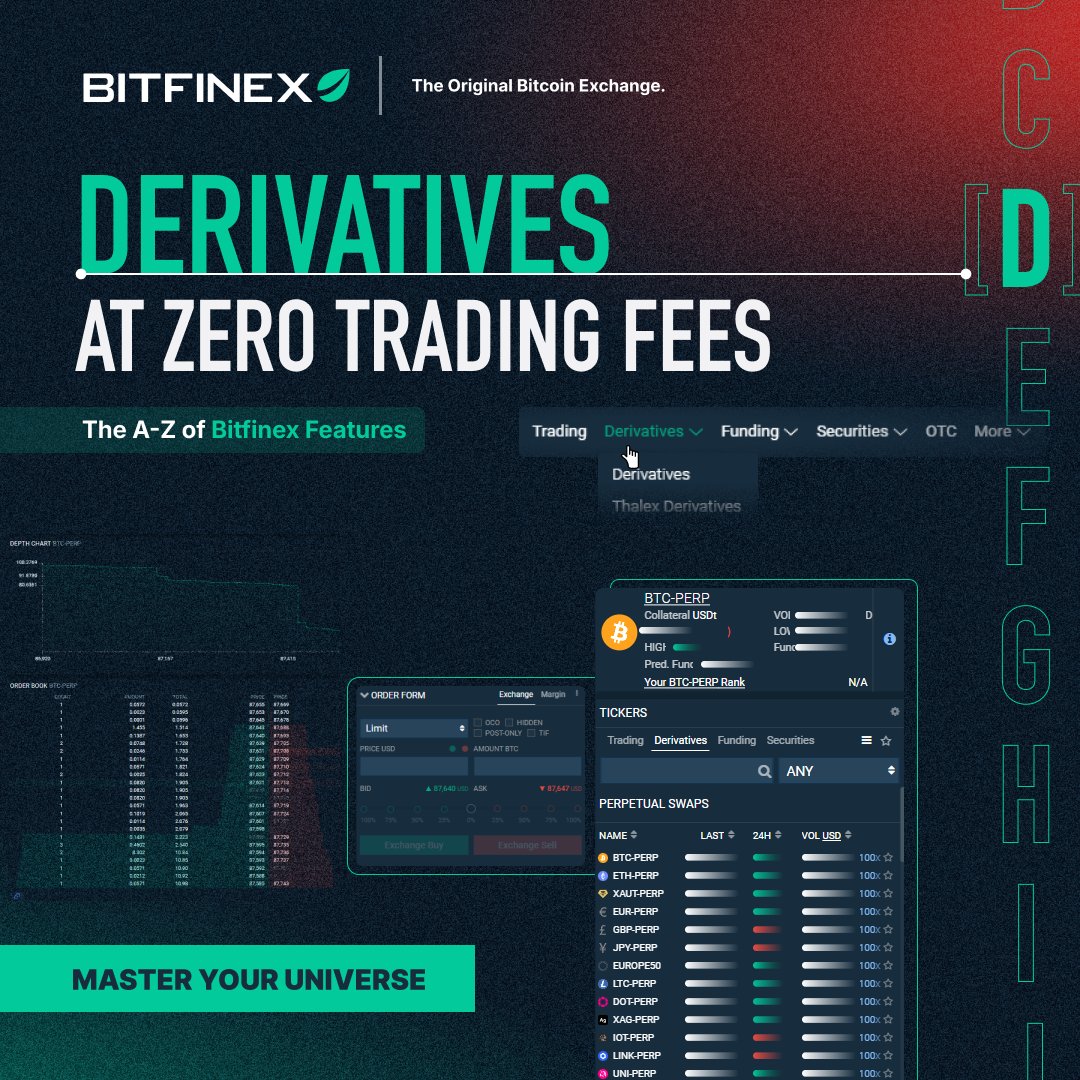 📝 D in our A–Z of Bitfinex Features goes to “Derivatives” Bitfinex futures  and perpetual contracts now have zero trading fees ✓ All your advanced  tools, same power. Every trade, effortless. https://t.co/TC7Bo3qkEW