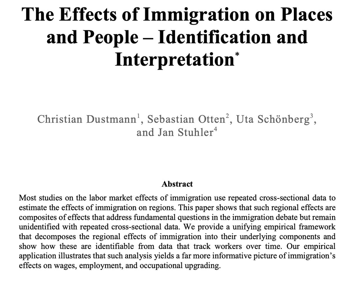 phl43's tweet image. This is a very important paper that, as far as I can tell, has received surprisingly little attention so far on Twitter, so I thought I'd do a quick summary to encourage people to read it.

The authors make the point that, when studies estimate the impact of immigration on wages…