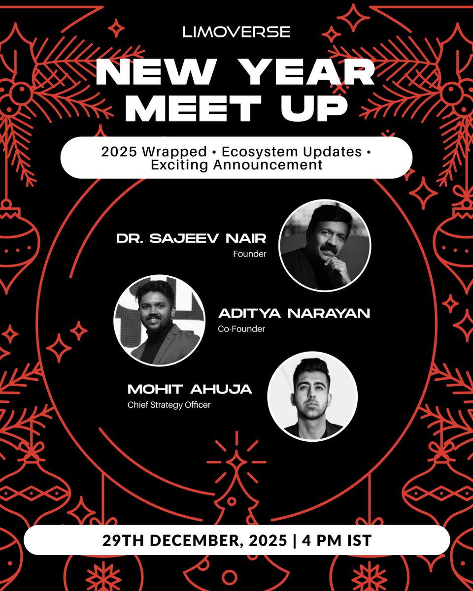 Exciting News! 🚨

The Limoverse New Year Meet is happening. 

A look back at 2025, important ecosystem developments, and a special announcement as we step into the new year.

Join us for what’s next in wellness and tech.

📍 29th Dec, 2025 | 4 PM IST
🔗 us06web.zoom.us/webinar/regist…