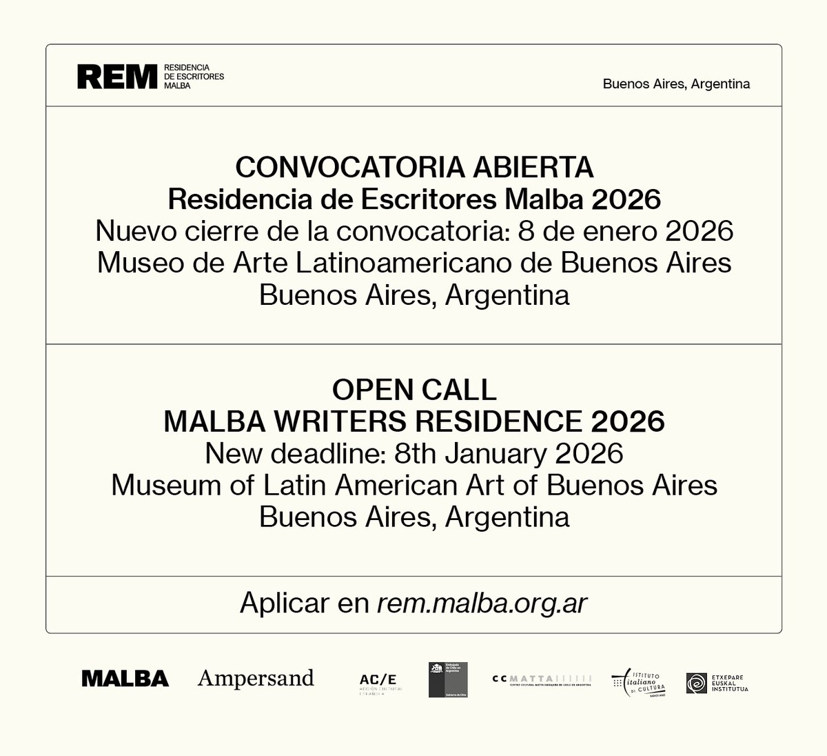 museomalba's tweet photo. PRÓRROGA: se extiende la convocatoria para la Residencia de Escritores Malba 2026
Bases y condiciones en: https://t.co/QEGLuAdPC8 https://t.co/RnLlct83M8