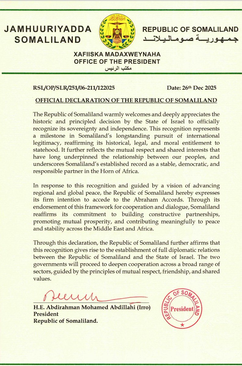The Republic of Somaliland Officially Recognized by the State of Israel. https://t.co/Y5Ffg1T6Ik