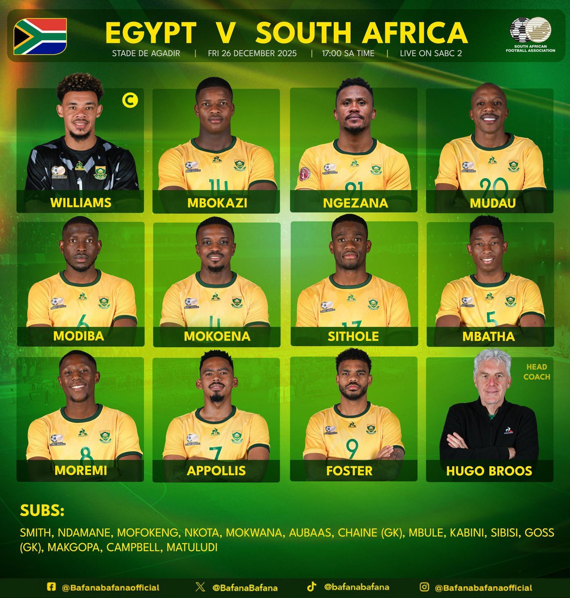 🚨🚨🚨🚨🚨🚨🚨🚨 رسميًا:

تشكيلة جنوب أفريقيا 🇿🇦 ضد مصر.