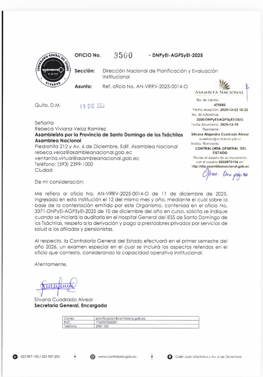 La fiscalización avanza, aunque al Estado le incomode. La Contraloría General del Estado ha respondido a mi pedido y ha confirmado que se realizará un examen especial al Hospital del IESS de Santo Domingo de los Tsáchilas, el cual iniciará en el primer semestre de 2026.

Esto