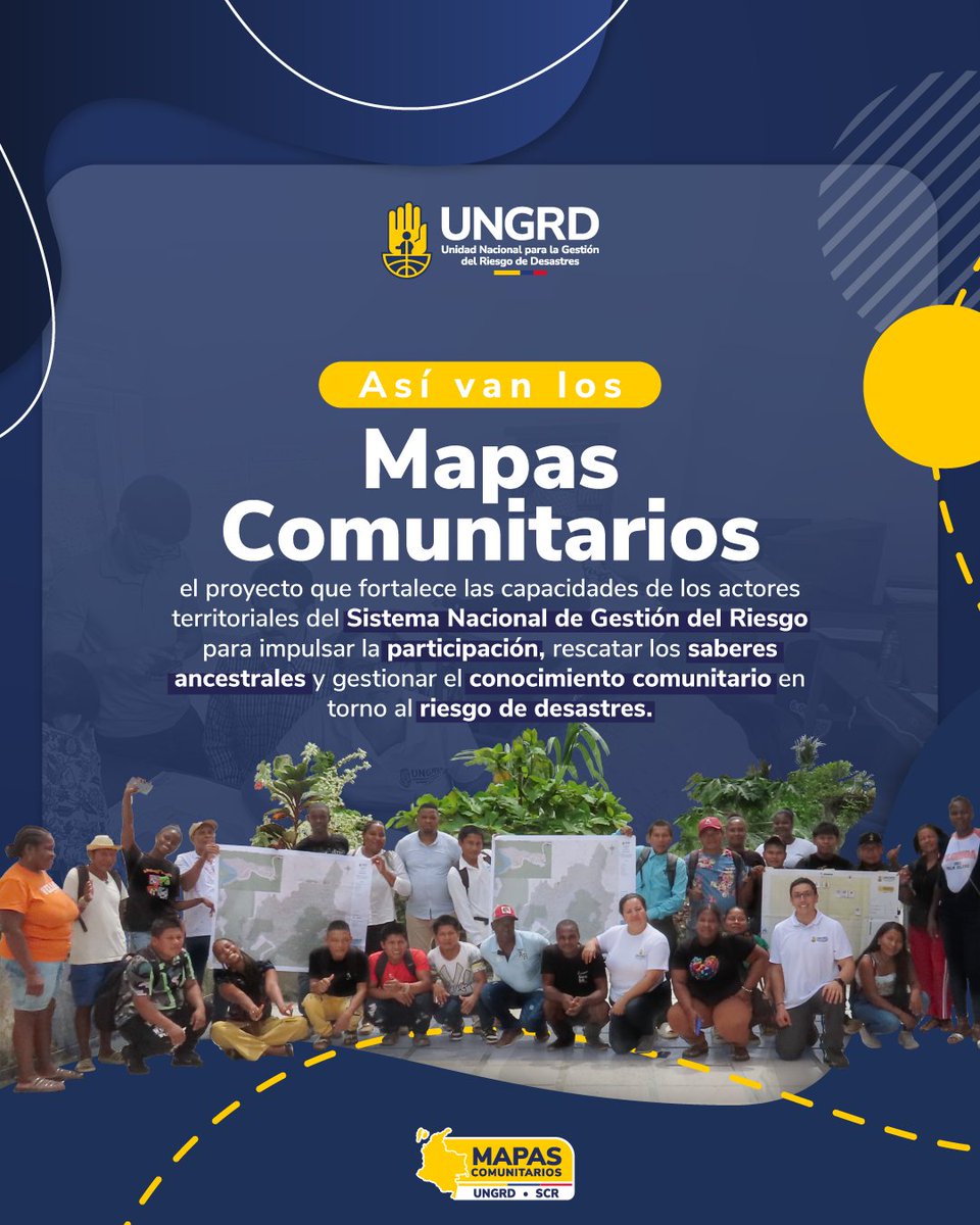 UNGRD's tweet photo. #MapasComunitarios I Los resultados hablan por sí solos: 
✔️ Presencia en 26 departamentos 
✔️ 146 municipios visitados 
✔️ 276 mapas construidos colectivamente 
✔️ Más de 4.200 personas participantes

Con la participación de las comunidades, seguimos identificando los principales escenarios de riesgo, fortaleciendo capacidades locales y reconociendo los saberes ancestrales como base para la gestión del riesgo de desastres.

Conoce cómo, desde los territorios, construimos conocimiento 👇