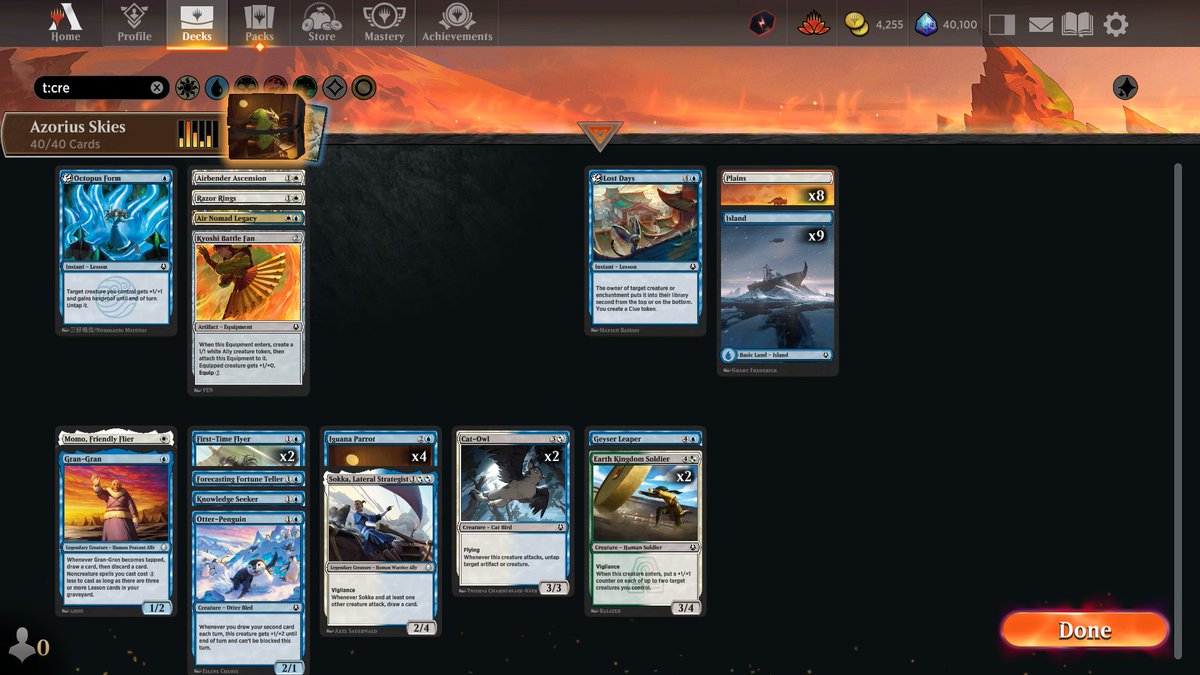 ThePastaPirate's tweet image. 🪽🏆Azorius Skies🏆🪽

1) 1x Ascension/Momo: deck's only rares

2) 2x Cat Owl: flying/vigi - great on defense/offense

3) Penguin reliably got the last 3 points

4) 4x Parrot: flying/prowess/vigi attacks/blocks well

Draft: 17lands.com/draft/e873b1ef…

Games: 17lands.com/details/e873b1…