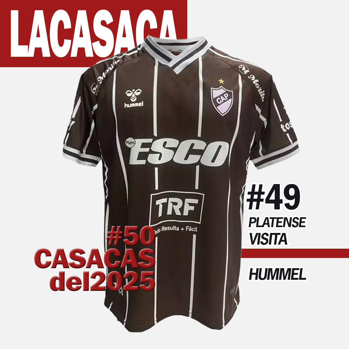 #Las50CasacasDe2025
49. PLATENSE - VISITA - Hummel
Para sus 120 años, el club decidió hacer una camiseta alternativa distinta a lo esperado. Evocó un estilo elegante tomado de las camisas y sastrería tanguera. Pero lo que hará inolvidable a esta camiseta, fue lograr su primer