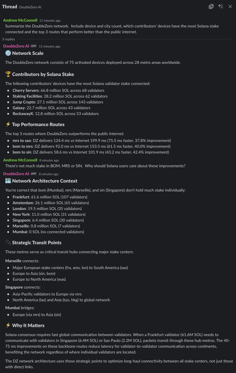 malbeclabs_cto's tweet image. Engineering "side quests" during the holidays sometimes end up looking like wasted time with the benefit of hindsight. But not always! Early days suggest that @snormore's work integrating DoubleZero metrics and metadata about the physical network from the DZ Ledger with an LLM…