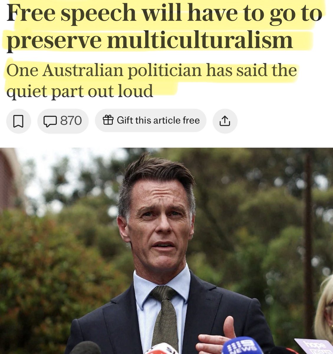 Markus3003's tweet image. Der Ministerpräsident des australischen Bundesstaat New South Walse hat offen erklärt das Meinungsfreiheit zurückstehen muss um die Multikulti Gesellschaft zu schützen.
Er bricht offen mit den Grundfesten westlicher Demokratie und offenbart deutlich die antidemokrtische Haltung…