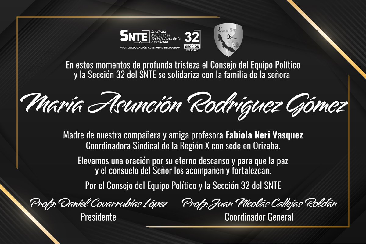 Expreso mi más sincero y profundo pésame ante el sensible fallecimiento de la señora María Asunción Rodríguez Gómez, madre de nuestra compañera y amiga, profesora Fabiola Neri Vasquez, Coordinadora de la Región X.

#SNTE32 #EquipoPolítico