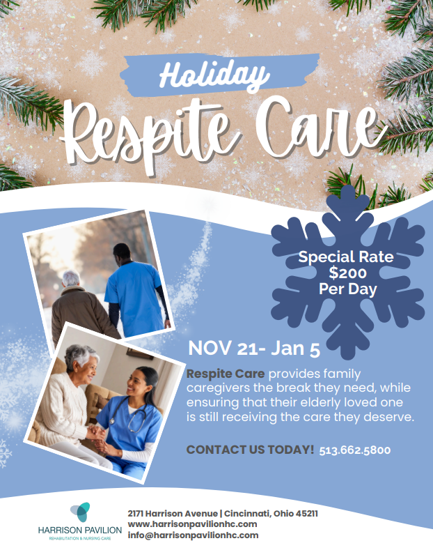 HarrisonPRehab's tweet photo. This holiday season, take time to rest and recharge while knowing your loved one is in caring hands. Our Respite Care program provides short-term stays that give family caregivers peace of mind and ensure their loved ones receive attentive, compassionate care. https://t.co/vfs1MXm2sC