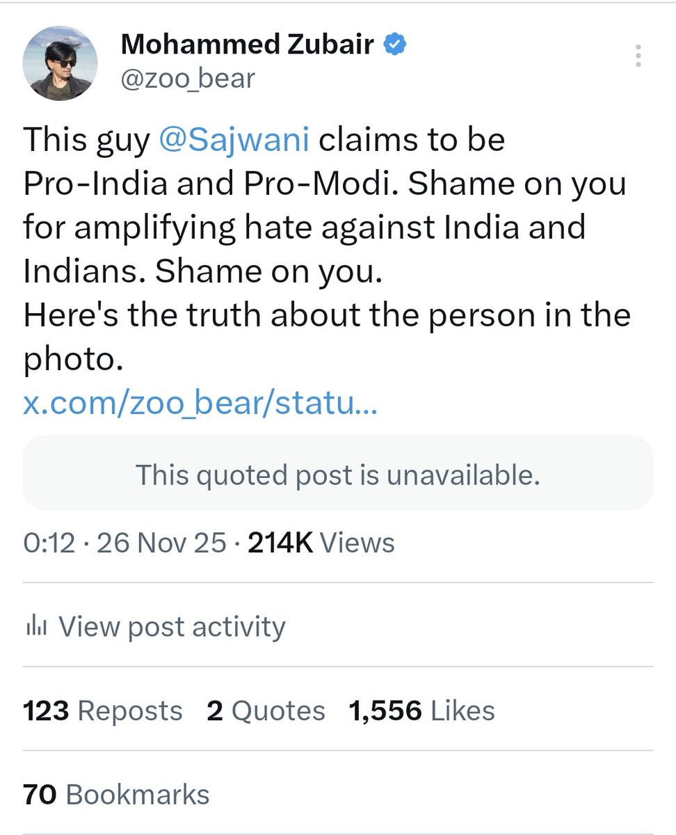 zoo_bear's tweet photo. @Sajwani When @Sajwani bro is an “Anti-Indian” but has to maintain his Indian Right Wing audience for engagement and X payout. 🤡 https://t.co/u1x3iOvA94