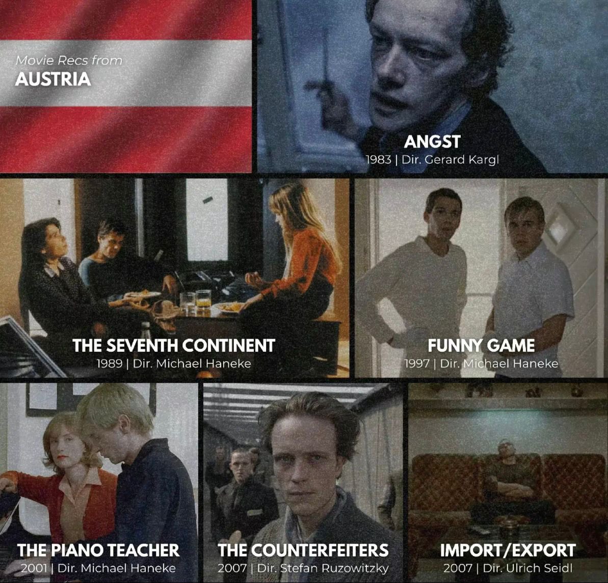 MadzArc's tweet image. ودك تدخل عالم السينما النمساوية؟
هذي بعض الأفلام المميزة اللي ممكن تعتبرها بوابتك لهذا العالم:

ليش السينما النمساوية؟
لأنها تتعمق في النفس البشرية وحدودها المظلمة، وتطرح أسئلة أخلاقية عن الذنب والعزلة والسلطة، بأسلوب واقعي وطرح بصري صارم يضع الفكرة في الواجهة دون تلطيف عاطفي.