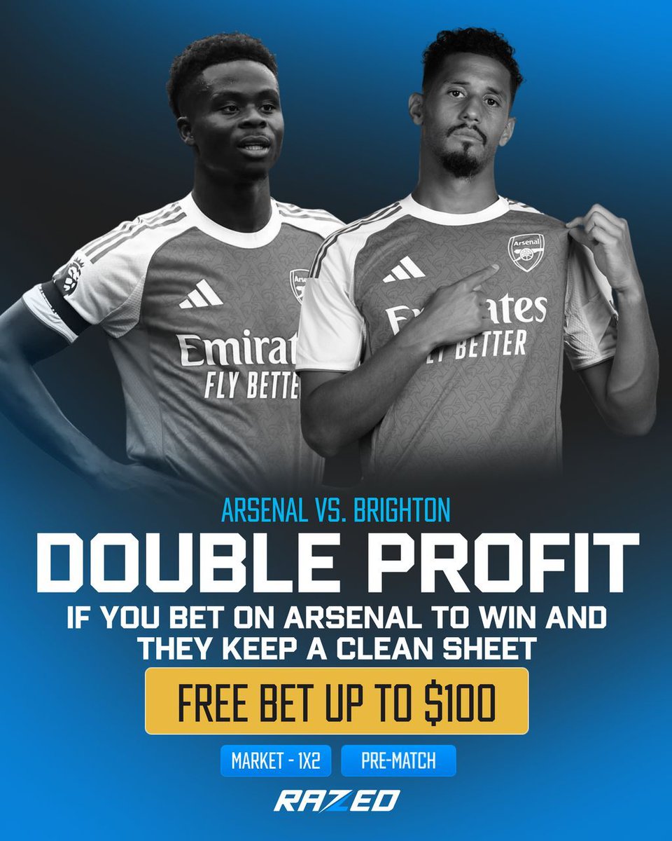 Razedcom's tweet photo. 🚨PREMIER LEAGUE PROMOTION🚨

Bet on Arsenal to win in "1x2" market, Get DOUBLE PROFIT if they win and keep a clean sheet

Pre-Match bets only - Free Bet up to $100.

Bet on ARSENAL: 2256B39 https://t.co/ECFamUY5Jn