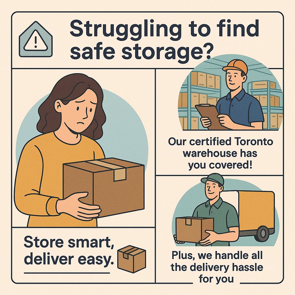 🏚️ Struggling to find safe storage? 

We get it! Your goods need care and safety. 

Our certified Toronto warehouse has you covered! 

Plus, we handle all the delivery hassle for you. 

Store smart, deliver easy. 

Let’s keep your items secure and sound! 📦✨