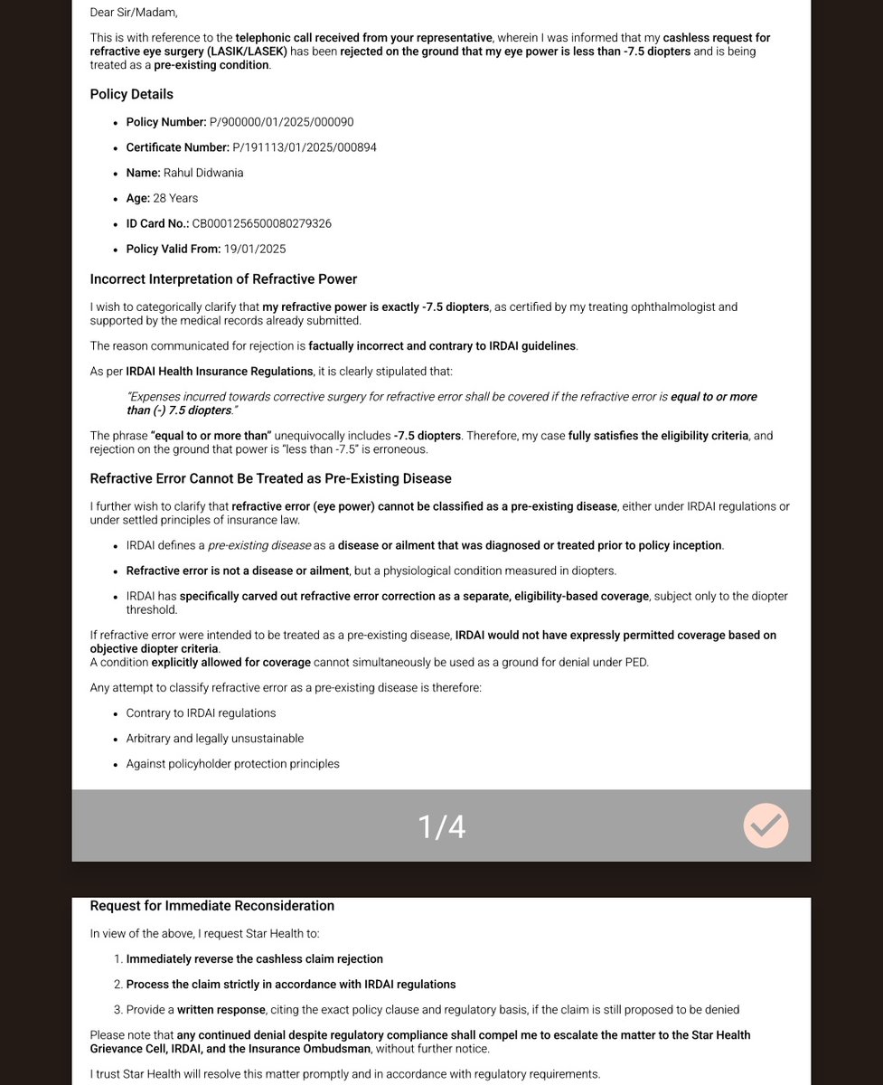 RahulDidwania7's tweet photo. @StarHealthIns @IRDAI_Official
My LASIK cashless mediclaim was wrongly rejected on incorrect grounds, despite clear IRDAI guidelines and complete documents submitted.

Repeated follow-ups but no resolution. Unacceptable.
#StarHealth #Mediclaim https://t.co/ojoZTrEY36