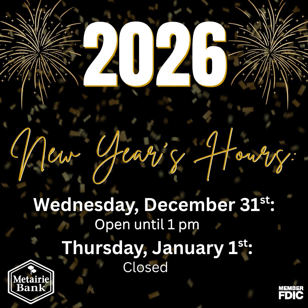 In observance of New Years, we will open until 1 pm on Wednesday, December 31st and  closed on Thursday, January 1st.

Online Banking, Mobile Banking, Xpress Deposit, Community Cash, and SUM ATMs are available 24/7 for your convenience.

#CommunityBank #WeConnectWithYou #Metairie