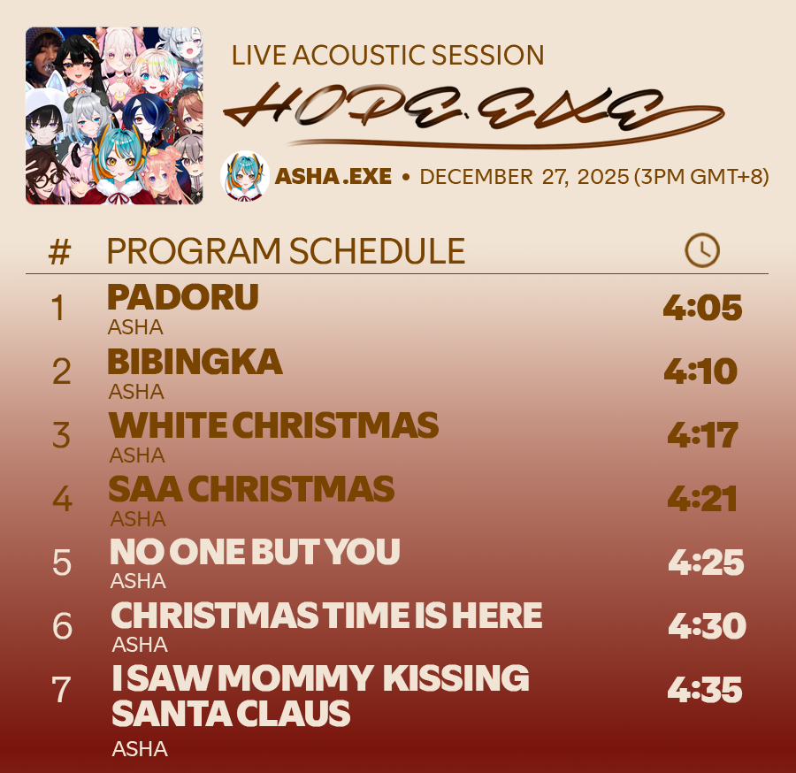 ASHA_EXE's tweet photo. 🌟LIVE ACOUSTIC SESSION SCHEDULE 🌟

Heyo everyone ~ Here's the schedule of songs for tomorrow! I'm so excited to be performing with all these amazing singers! 

Thank you again so much and I'll be looking forward to seeing you all soon ☆(≧▽≦)☆ https://t.co/mJC2VDcYgc