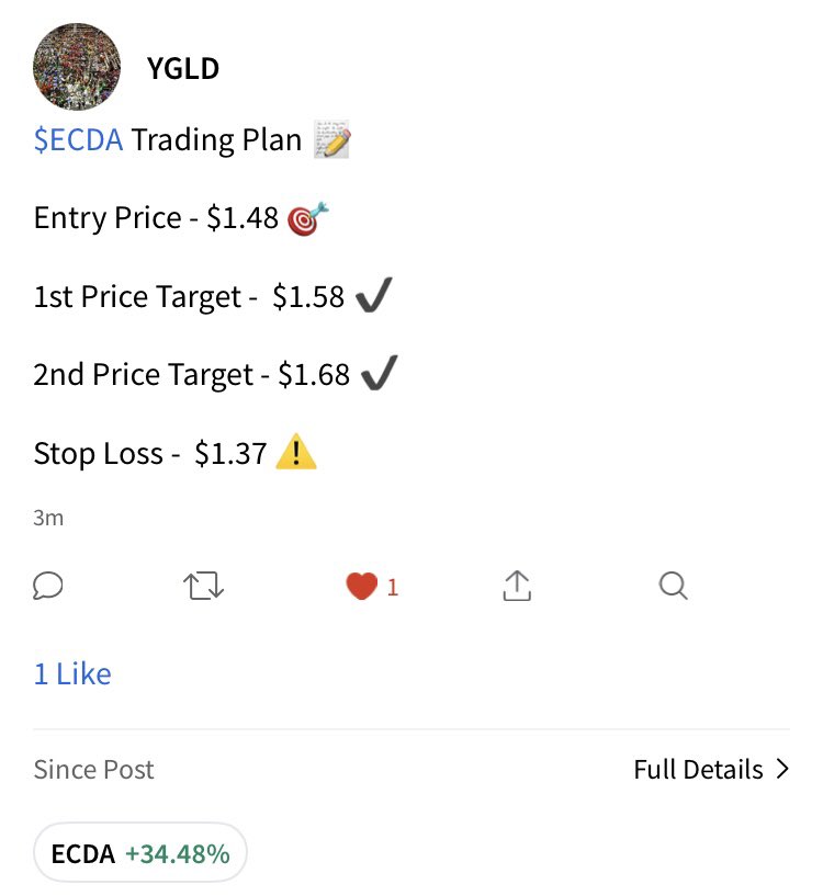 $ECDA Nearly 40% In Range From Out Buy Alert Price 🚨 

Congrats Bulls 👏 

Solid Momentum 📈

On Watch For More Upside 👀 

$ASPC $DTCK $DAIC $SPY