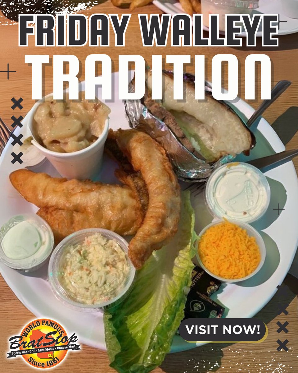 Make your Friday legendary with our Fish Fryday walleye—cooked your way with classic sides 🐟🥔 #BratStopEats #FridayDinner #WisconsinComfort
