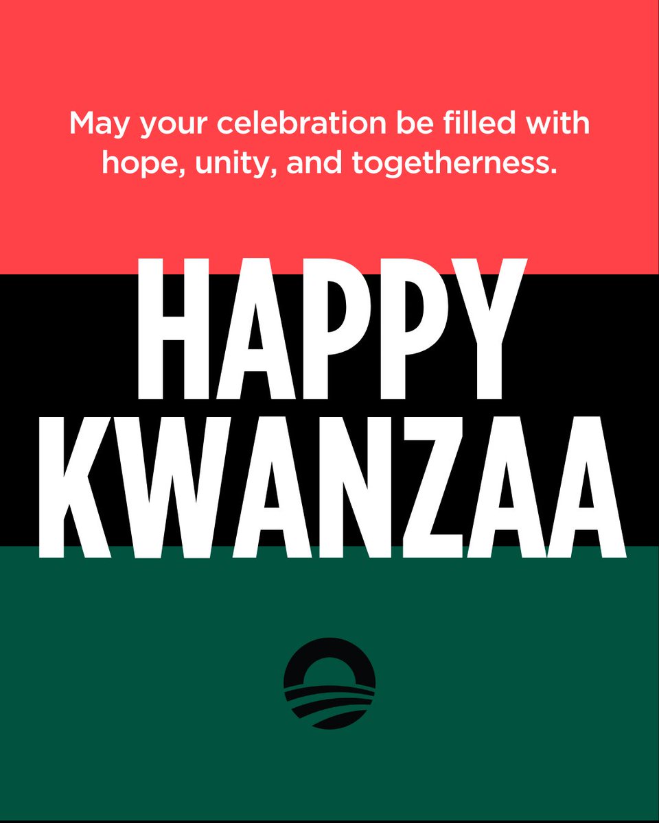 ObamaFoundation's tweet image. Kwanzaa marks the beginning of a joyous time to reflect on the richness of African-American culture and to remember the principles of unity, self-determination, collective work and responsibility, cooperative economics, purpose, creativity and faith — principles that reflect our…
