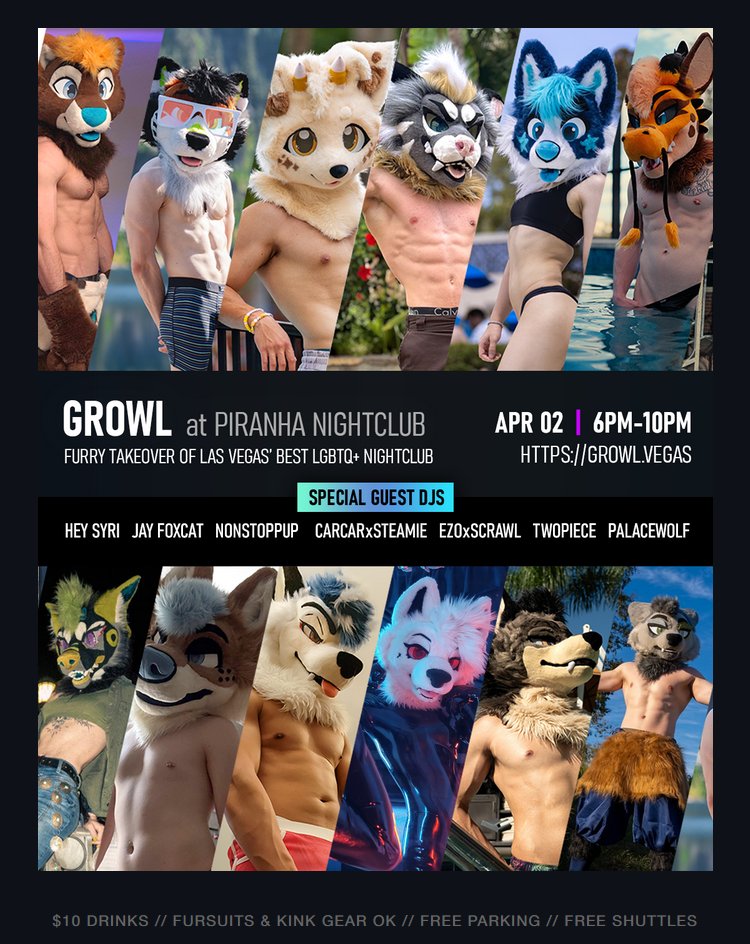 GrowlVegas's tweet image. Ticket sales are live now! Visit growl.vegas to save your spot at a full takeover of the hottest LGBTQ+ Nightclub in Vegas during LVFC!

10 DJs, 12 Performers, $10 drinks, Free Shuttle from LVFC Hotels, and Fursuit/Kink Friendly!

$25 Admission includes two drinks!