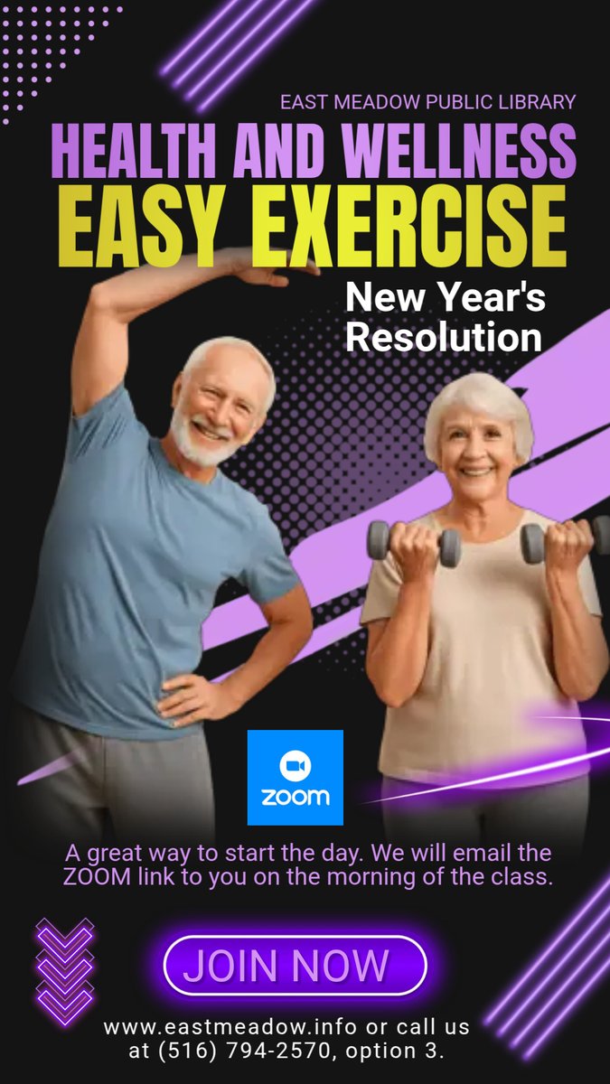 Easy Exercise for Adults (Virtual) 
This class will be given Every Monday and Friday at 10 a.m.
Register at eastmeadow.libcal.com/event/15525229 or call us at (516) 794-2570, option 3.
We will email the ZOOM link to you on the morning of the program. #newyearsresolution