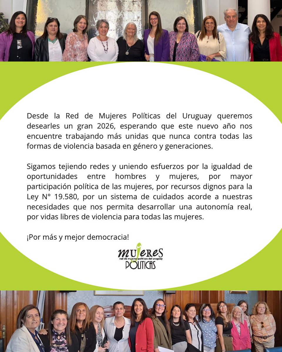 Cuando los espacios para la reflexión, decisión y acción dependen de nuestras convicciones y libertad, por ahí nos encontraremos! Libertad que nos compromete sostenidamente, hacia un 2026 más igualitario, con propósito y agradecimiento siempre!
<a href="/rmp_uruguay/">Red de Mujeres Políticas Uruguay</a>