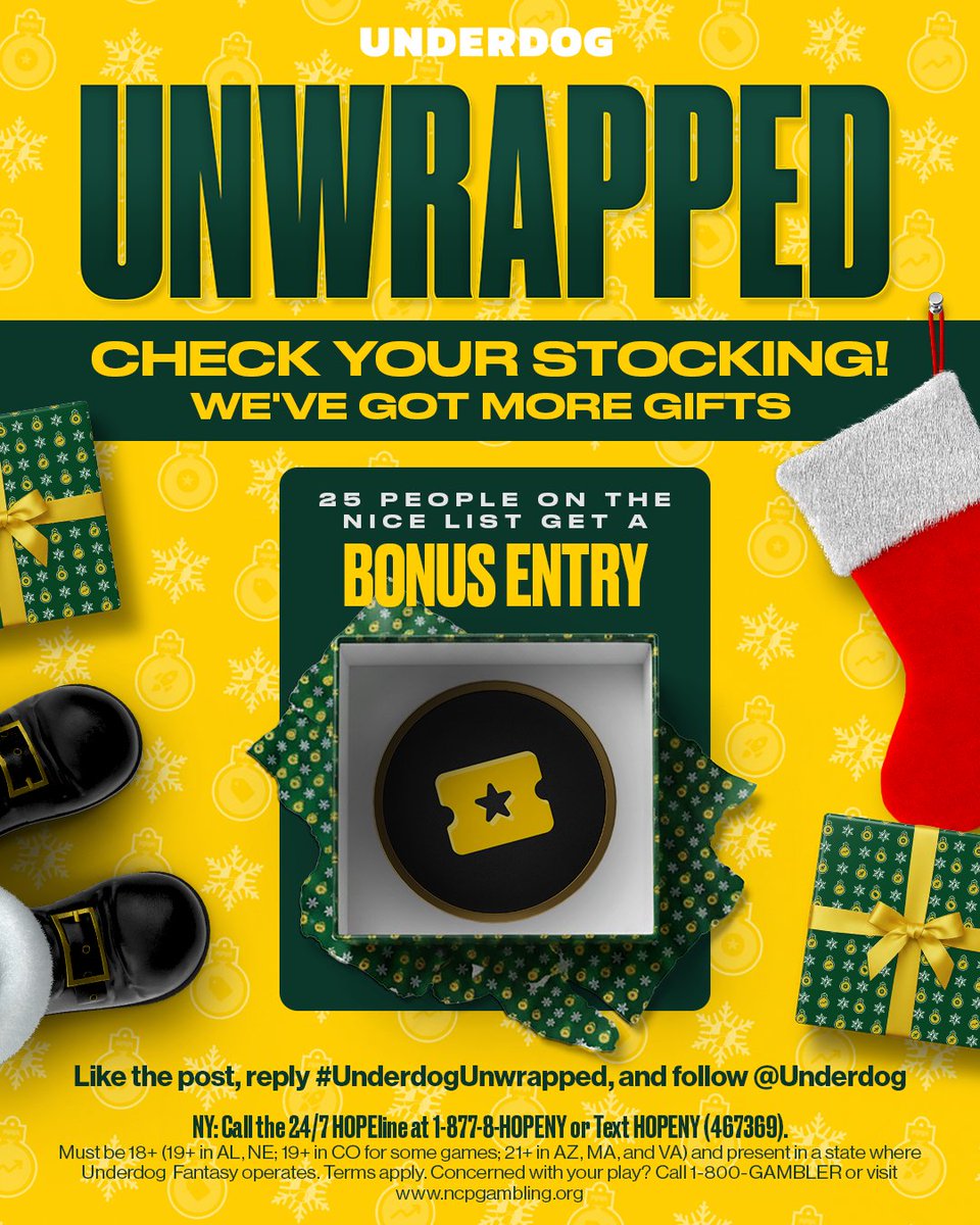 Underdog's tweet image. We found 25 more bonus entries in the bottom of the stocking 🎁

To get on The Nice List...
1️⃣ Follow us
2️⃣ Like the post
3️⃣ Reply with #UnderdogUnwrapped